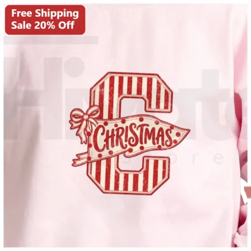 CHRISTMAS Tee Vintage Candy Cane Letter C Monogram Holiday Shirt Gift