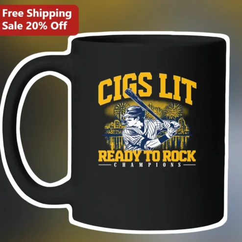Cigs Lit Ready To Rock Champions Mug Vintage Baseball Graphic Coffee Cup Gift for Smokers and Rock Fans