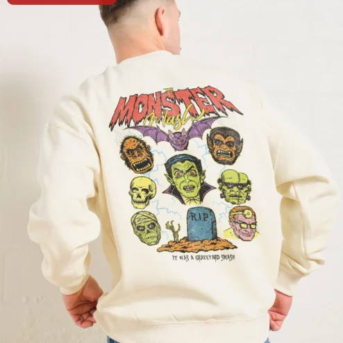 Close-up of Classic Monsters Halloween Sweatshirt Vintage Vampire Werewolf Skull Crewneck Spooky Horror Gift for streetwear fans in Chicago, Illinois