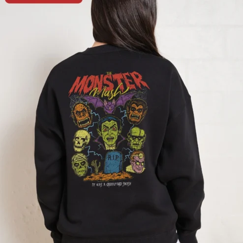 Classic Monsters Halloween Sweatshirt Vintage Vampire Werewolf Skull Crewneck Spooky Horror Gift on a hanger, ready to ship from Chicago, Illinois