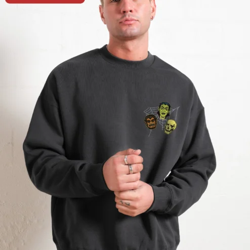 Customer in Chicago, Illinois wearing Classic Monsters Halloween Sweatshirt Vintage Vampire Werewolf Skull Crewneck Spooky Horror Gift