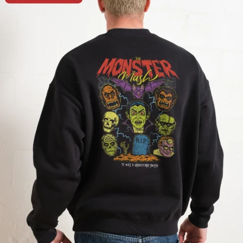 Close-up of Classic Monsters Halloween Sweatshirt Vintage Vampire Werewolf Skull Crewneck Spooky Horror Gift for streetwear fans in Chicago, Illinois