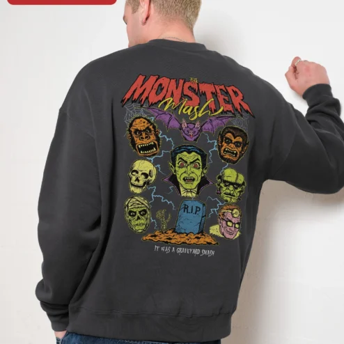 Customer in Chicago, Illinois wearing Classic Monsters Halloween Sweatshirt Vintage Vampire Werewolf Skull Crewneck Spooky Horror Gift