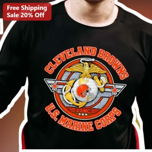 Cleveland Browns USMC Long Sleeve Shirt Military Veteran Marine Corps NFL Fan Gift
