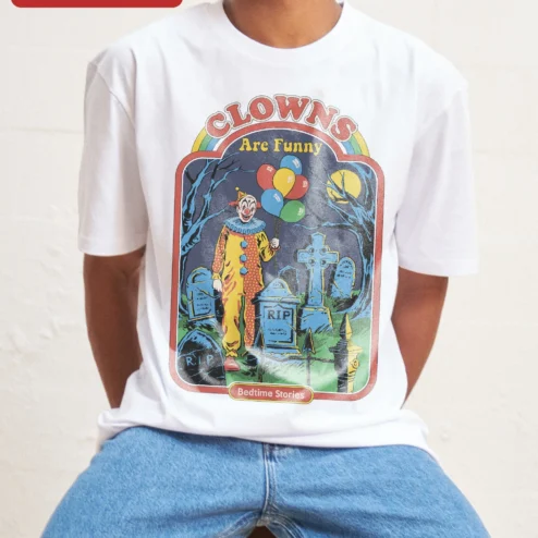 Clowns Are Funny Bedtime Stories Vintage Horror Graphic Tee on a hanger, ready to ship from Chicago, Illinois