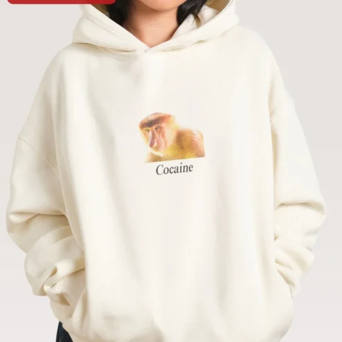 Cocaine Monkey Hoodie Proboscis Meme Streetwear Black Pullover on a hanger, ready to ship from Chicago, Illinois