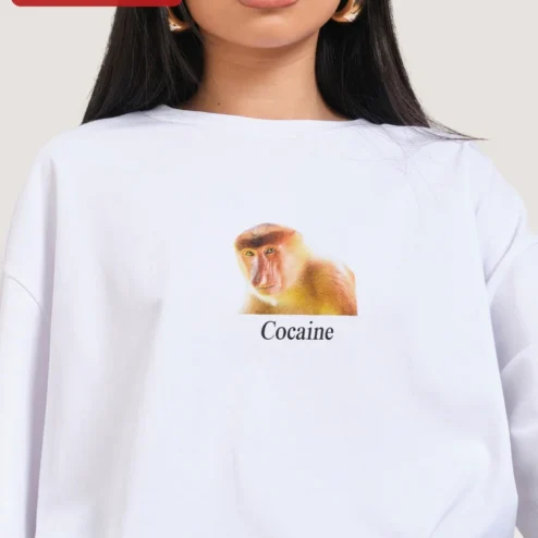 Close-up of Cocaine Tee Surreal Proboscis Monkey Graphic Oversized Streetwear Shirt for streetwear fans in Chicago, Illinois