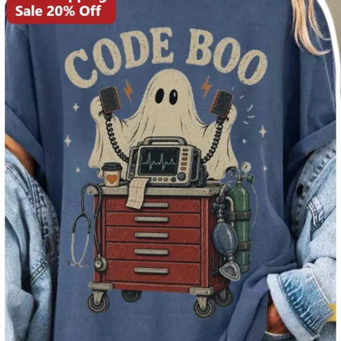 Code Boo Vintage Ghost Halloween Nurse Tee Funny Medical Coder Gift