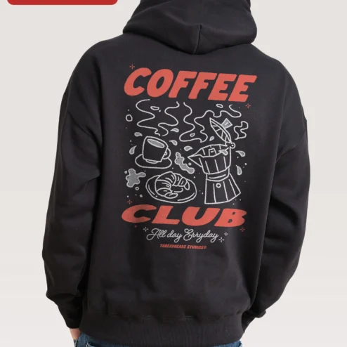 Close-up of COFFEE CLUB All Day Erryday Hoodie Retro Typography Graphic Sweatshirt for Coffee Lovers for streetwear fans in Chicago, Illinois