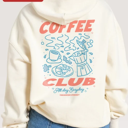 Customer in Chicago, Illinois wearing COFFEE CLUB All Day Erryday Hoodie Retro Typography Graphic Sweatshirt for Coffee Lovers