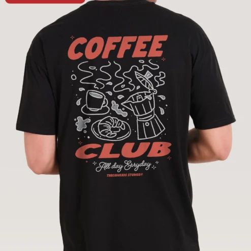 Customer in Chicago, Illinois wearing COFFEE CLUB All Day Erryday Tee Vintage Typography Coffee Lover Gift
