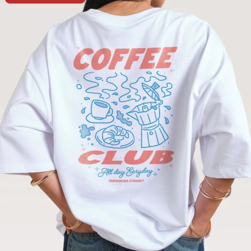 Customer in Chicago, Illinois wearing COFFEE CLUB All Day Erryday Tee Vintage Typography Coffee Lover Gift