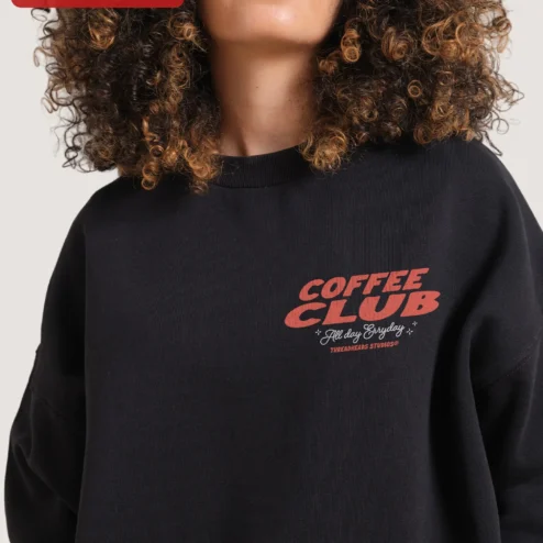 COFFEE CLUB All Day Every Day Sweatshirt Retro Vintage Style Crewneck Gift for Coffee Lovers on a hanger, ready to ship from Chicago, Illinois