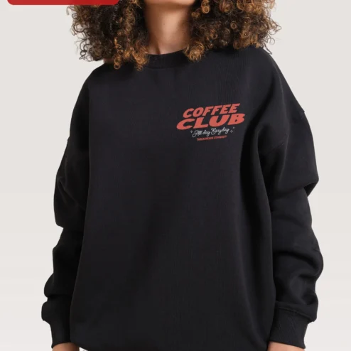 Customer in Chicago, Illinois wearing COFFEE CLUB All Day Every Day Sweatshirt Retro Vintage Style Crewneck Gift for Coffee Lovers