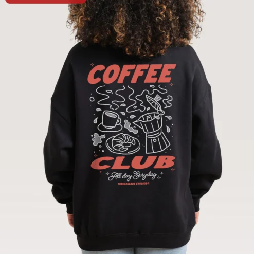 Close-up of COFFEE CLUB All Day Every Day Sweatshirt Retro Vintage Style Crewneck Gift for Coffee Lovers for streetwear fans in Chicago, Illinois