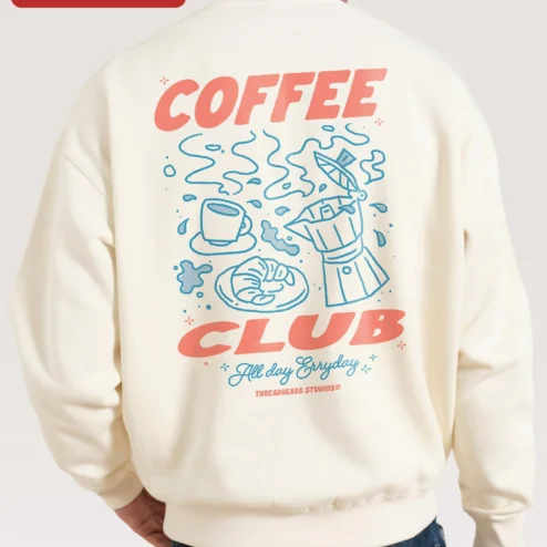 Customer in Chicago, Illinois wearing COFFEE CLUB All Day Every Day Sweatshirt Retro Vintage Style Crewneck Gift for Coffee Lovers