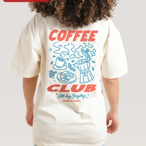 Close-up of Coffee Club All Day Everyday Tee for Coffee Lovers Barista Gift for streetwear fans in Chicago, Illinois