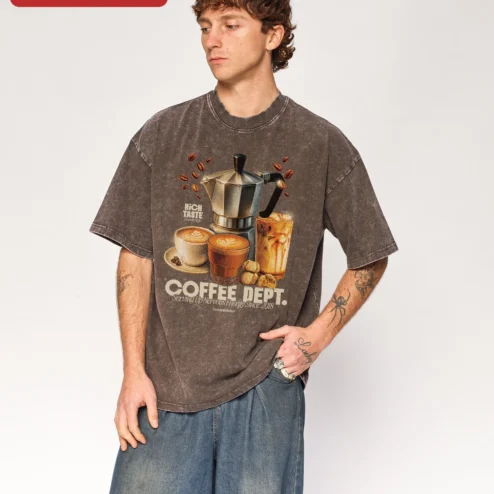 Coffee Dept Serving Up Nervous Energy Since 2018 Graphic Tee for Coffee Lovers on a hanger, ready to ship from Chicago, Illinois