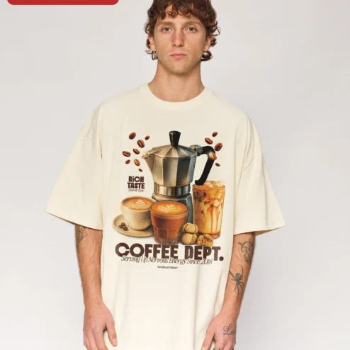 Close-up of Coffee Dept Serving Up Nervous Energy Since 2018 Graphic Tee Funny Coffee Lover Gift for streetwear fans in Chicago, Illinois