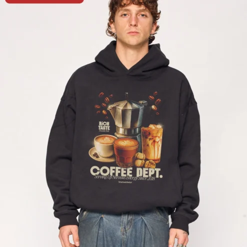 Customer in Chicago, Illinois wearing COFFEE DEPT. Serving Up Nervous Energy Since 2018 Hoodie Funny Coffee Lover Gift Vintage Retro Stree