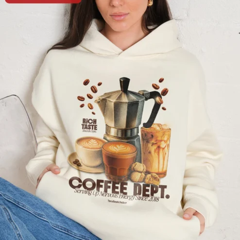 Close-up of COFFEE DEPT. Serving Up Nervous Energy Since 2018 Hoodie Funny Coffee Lover Gift Vintage Retro Stree for streetwear fans in Chicago, Illinois