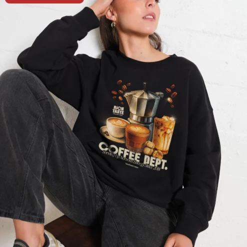 Customer in Chicago, Illinois wearing COFFEE DEPT. Serving Up Nervous Energy Sweatshirt Coffee Lover Gift