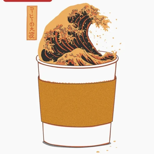 Coffee Great Wave T-shirt Hokusai Style Ukiyo-e Tee for Coffee Lovers on a hanger, ready to ship from Chicago, Illinois