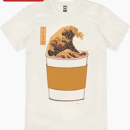 Customer in Chicago, Illinois wearing Coffee Great Wave T-shirt Hokusai Style Ukiyo-e Tee for Coffee Lovers