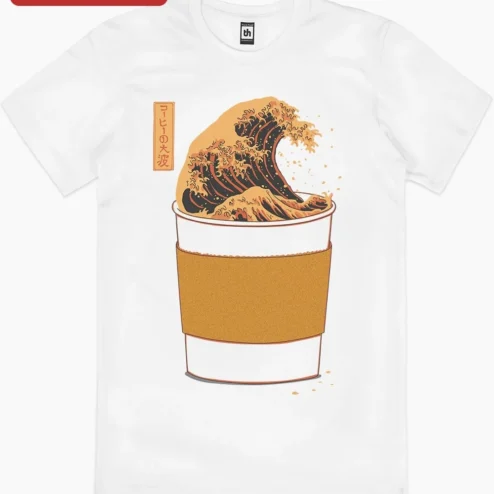Close-up of Coffee Great Wave T-shirt Hokusai Style Ukiyo-e Tee for Coffee Lovers for streetwear fans in Chicago, Illinois