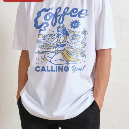 Coffee is Calling You! Skeleton Hula Girl Graphic Tee for Coffee Lovers on a hanger, ready to ship from Chicago, Illinois