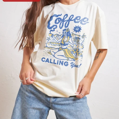 Coffee is Calling You! Skeleton Hula Girl Graphic Tee for Coffee Lovers