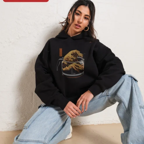 COFFEE WAVE Hoodie Great Wave Off Kanagawa Coffee Lover Gift Unisex Pullover on a hanger, ready to ship from Chicago, Illinois