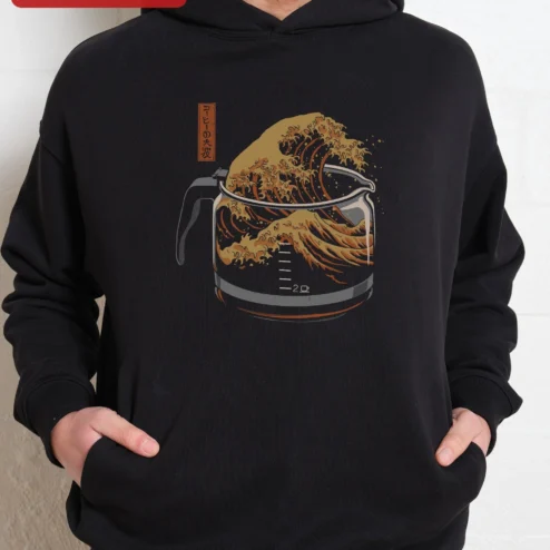 Customer in Chicago, Illinois wearing COFFEE WAVE Hoodie Great Wave Off Kanagawa Coffee Lover Gift Unisex Pullover