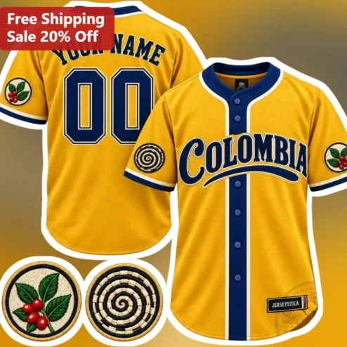 Colombia Jersey Personalized Baseball Shirt Yellow Navy Coffee Bean Patch Custom Name Number Gift for Fans