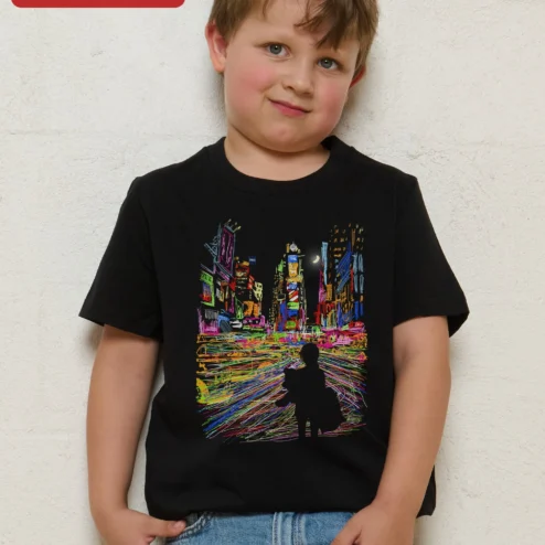 Colorful City Night Sketch Tee Kids Urban Neon Art Graphic T-Shirt on a hanger, ready to ship from Chicago, Illinois