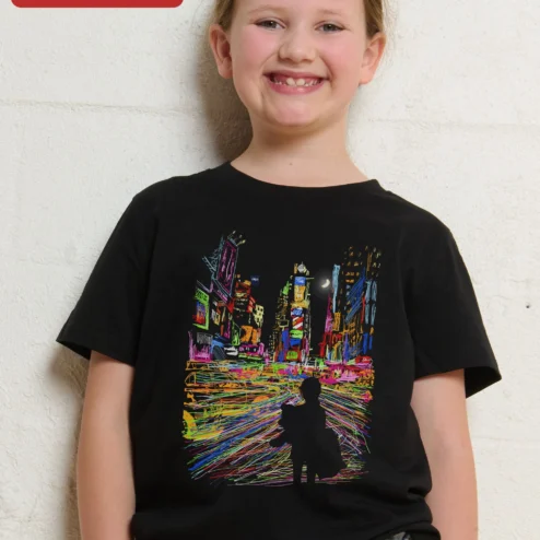 Colorful City Night Sketch Tee Kids Urban Neon Art Graphic T-Shirt