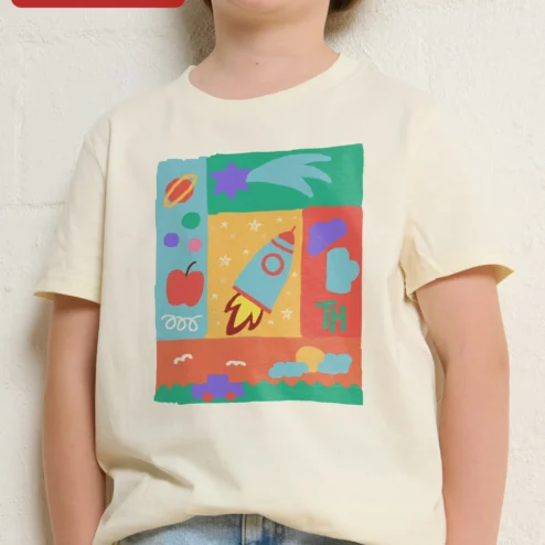 Colorful Kids Space and School Drawings Grid Tee Back to School Gift for Boys Girls on a hanger, ready to ship from Chicago, Illinois