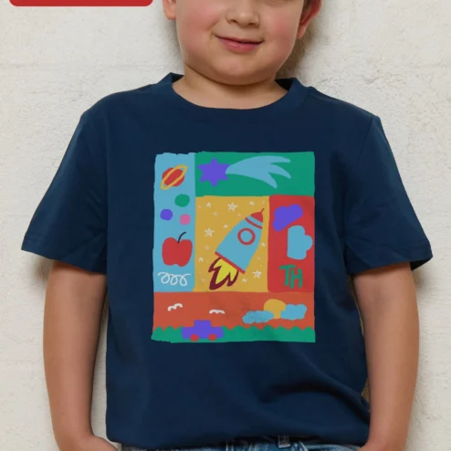 Customer in Chicago, Illinois wearing Colorful Kids Space and School Drawings Grid Tee Back to School Gift for Boys Girls