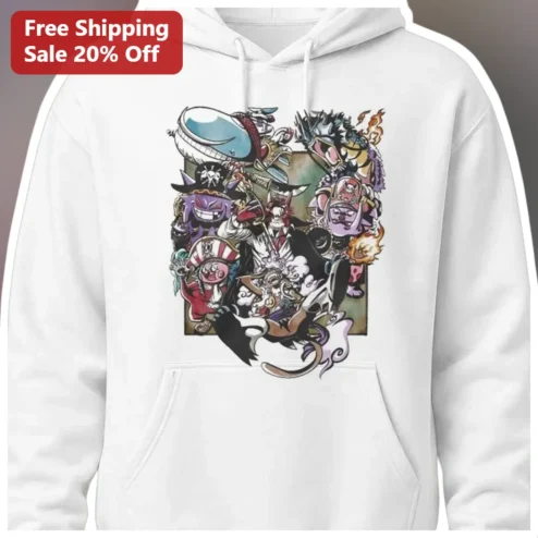 Colorful Pirate Monster Collage Hoodie, Bold Cartoon Skull Fantasy Character Graphic Pullover for Streetwear Fans