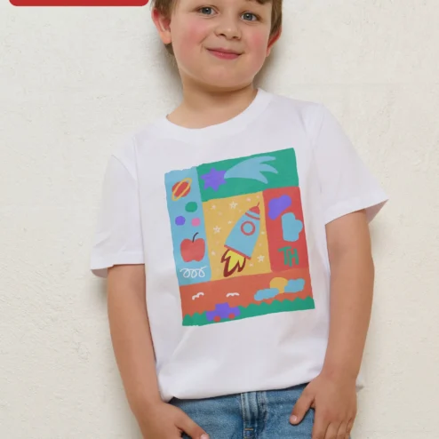 Close-up of Colorful Space and School Grid Kids Tee Back to School Rocket Planet Graphic Shirt for streetwear fans in Chicago, Illinois