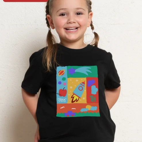Colorful Space and School Grid Kids Tee Back to School Rocket Planet Graphic Shirt