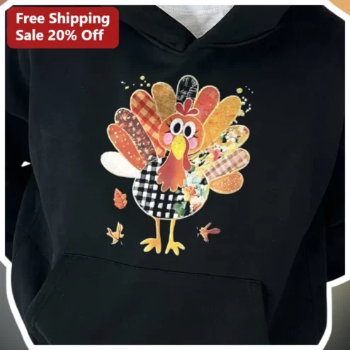 Colorful Turkey Thanksgiving Hoodie Funny Cartoon Autumn Bird Pullover Gift for Women Men