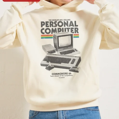 Commodore 64 Retro Computer Hoodie Vintage Tech Gift for Programmers and Gamers on a hanger, ready to ship from Chicago, Illinois