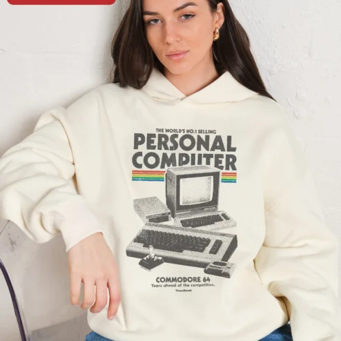 Close-up of Commodore 64 Retro Computer Hoodie Vintage Tech Gift for Programmers and Gamers for streetwear fans in Chicago, Illinois