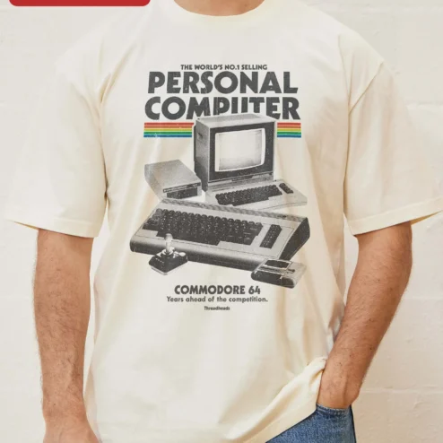 Close-up of Commodore 64 Retro Computer Tee World's No.1 Selling Personal Computer Vintage Tech Gift for streetwear fans in Chicago, Illinois