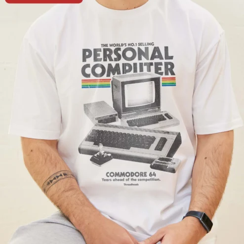 Close-up of Commodore 64 Retro Computer Tee World's No.1 Selling Personal Computer Vintage Tech Gift for streetwear fans in Chicago, Illinois