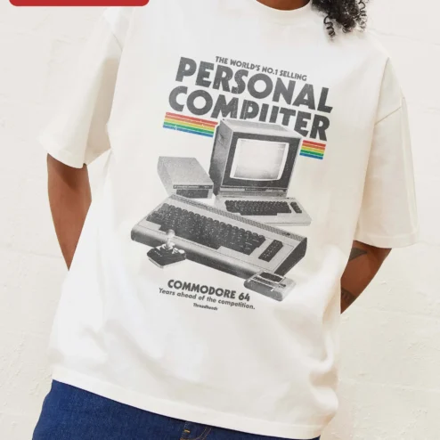 Commodore 64 Retro Computing Tee Vintage 8-Bit Computer Shirt for Programmers Gamers on a hanger, ready to ship from Chicago, Illinois