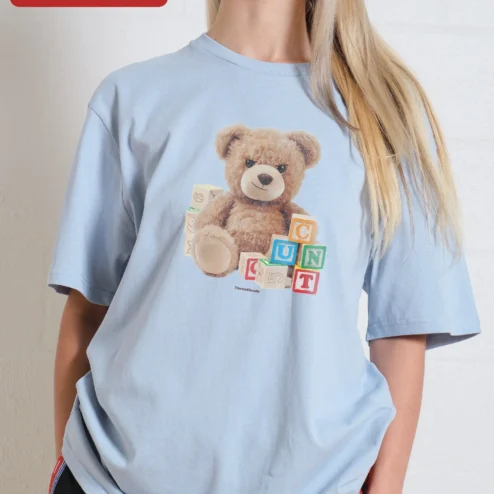 Close-up of CONCUT Tee Spell It Out Grumpy Teddy Bear Streetwear Graphic T-Shirt for streetwear fans in Chicago, Illinois