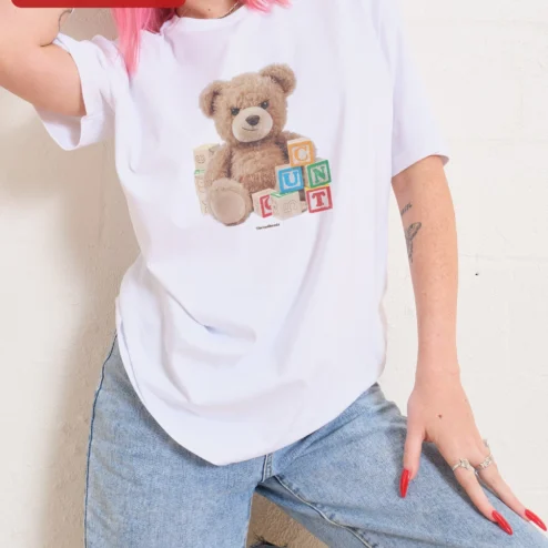 Close-up of CONCUT Tee Spell It Out Grumpy Teddy Bear Streetwear Graphic T-Shirt for streetwear fans in Chicago, Illinois