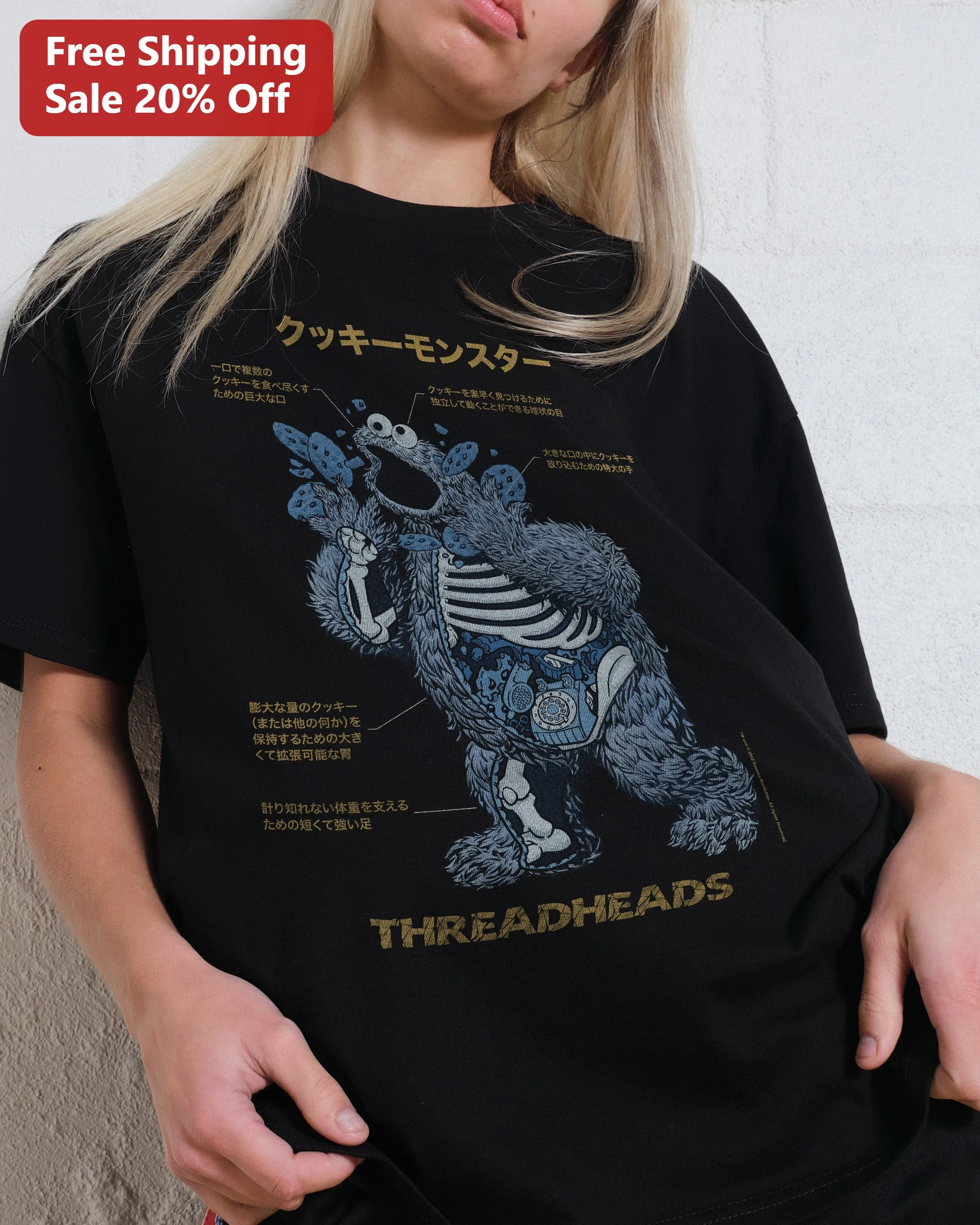 Cookie Monster Anatomy Graphic Tee Sesame Street Japanese Typography Shirt